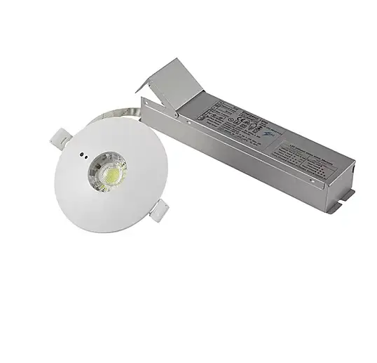 LED emergency lighting downlight with 3-hour battery backup for a commercial escape route