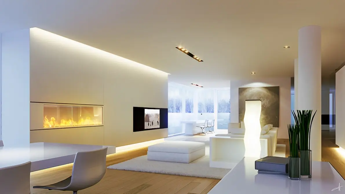 Layered home lighting in a living room with lamps and wall lights