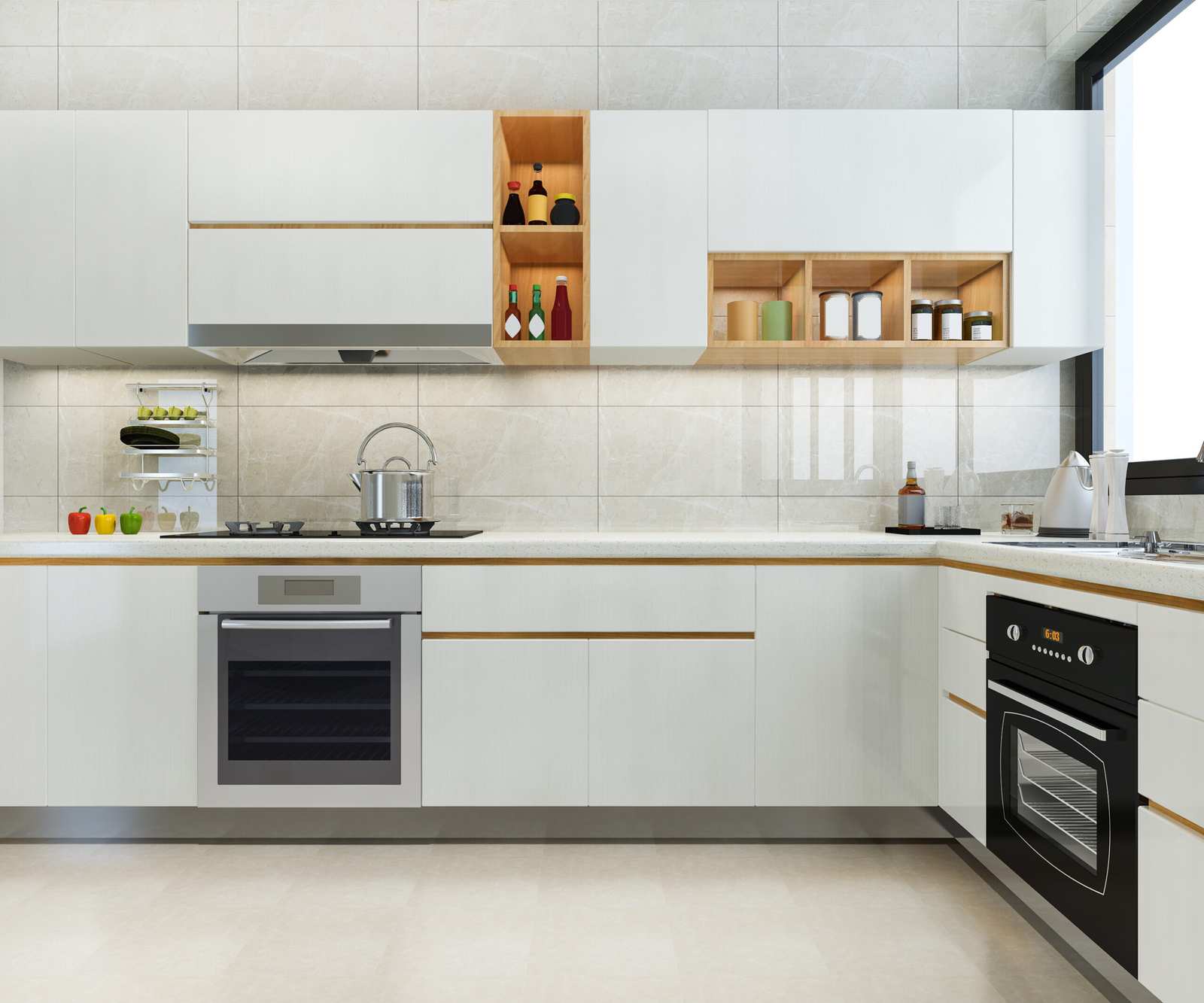 Modern kitchen lighting brightening a white worktop and counter